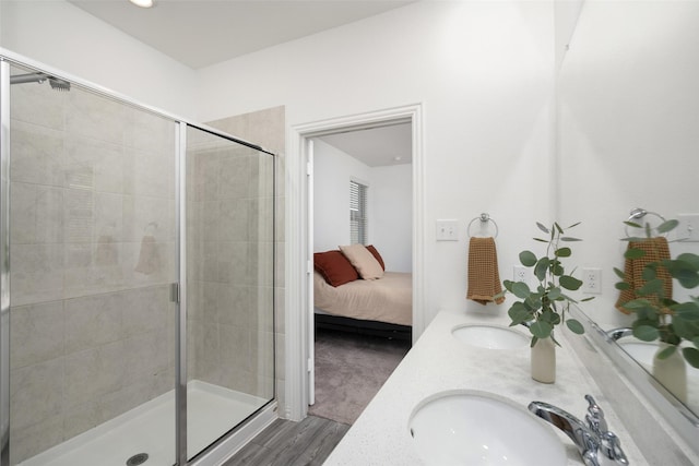 full bathroom featuring a sink, connected bathroom, double vanity, and a shower stall