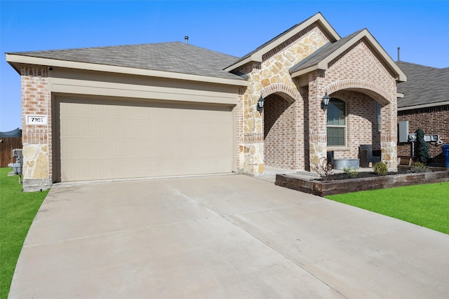 french provincial home featuring a front yard, brick siding, stone siding, and driveway