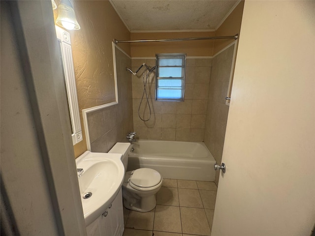 full bath featuring shower / washtub combination, toilet, vanity, tile patterned floors, and a textured ceiling