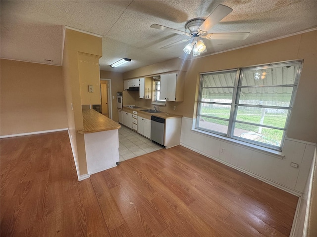 kitchen featuring light wood-style flooring, a sink, white cabinetry, stainless steel appliances, and ceiling fan