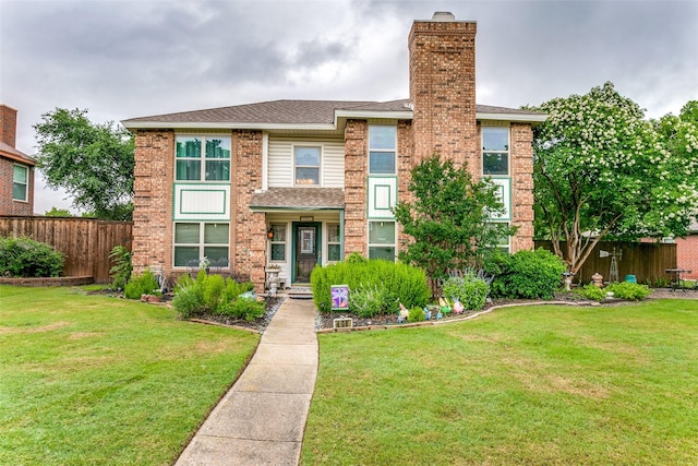 view of front of home with fence, a shingled roof, a chimney, a front lawn, and brick siding