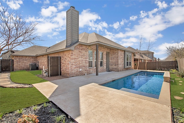 view of pool featuring central air condition unit, a lawn, a fenced backyard, a fenced in pool, and a patio area