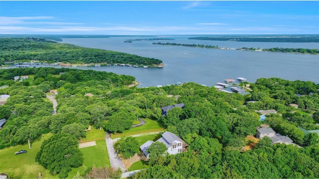 drone / aerial view with a wooded view and a water view