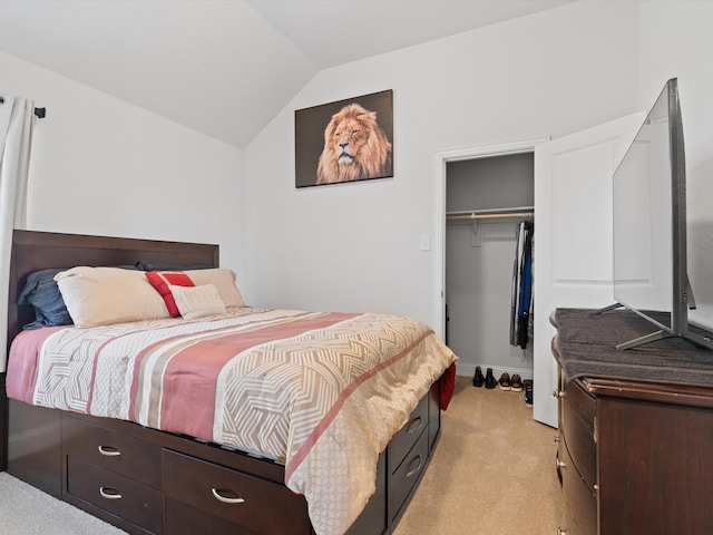 bedroom featuring light carpet, a closet, and lofted ceiling