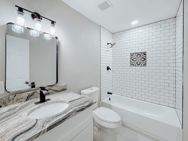 full bathroom with visible vents, vanity, toilet, and  shower combination