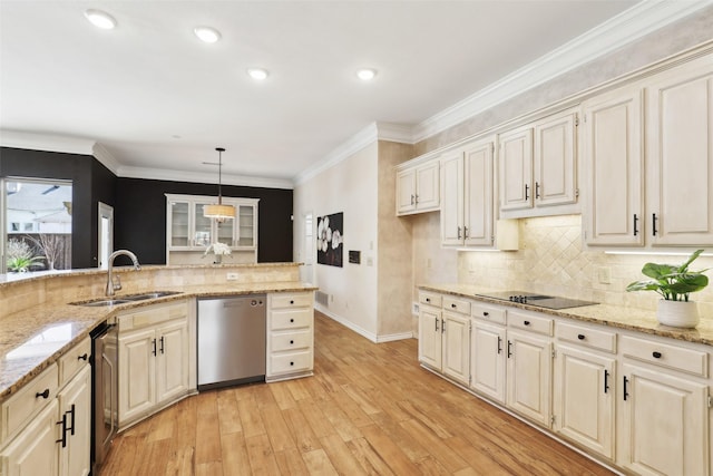 kitchen featuring crown molding, stainless steel dishwasher, light wood-style floors, black electric cooktop, and a sink