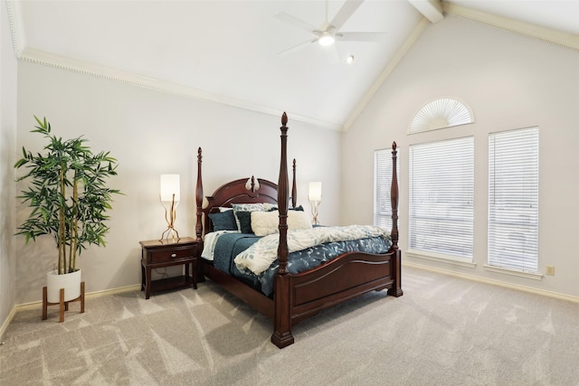 carpeted bedroom with beamed ceiling, high vaulted ceiling, baseboards, and a ceiling fan