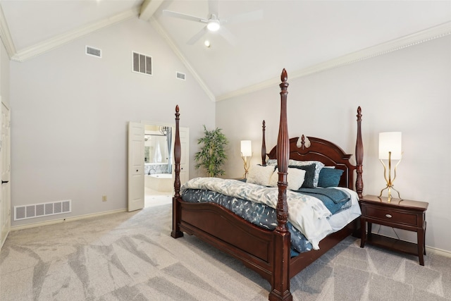 carpeted bedroom with visible vents and ornamental molding