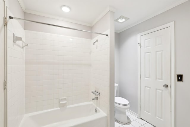 full bath with toilet, ornamental molding, tile patterned flooring, and shower / tub combination