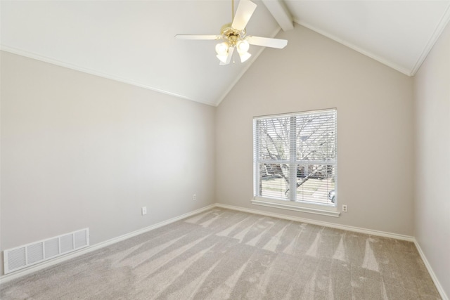 empty room featuring beam ceiling, baseboards, visible vents, and carpet floors