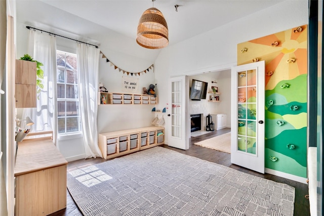 interior space with lofted ceiling, wood finished floors, baseboards, and french doors