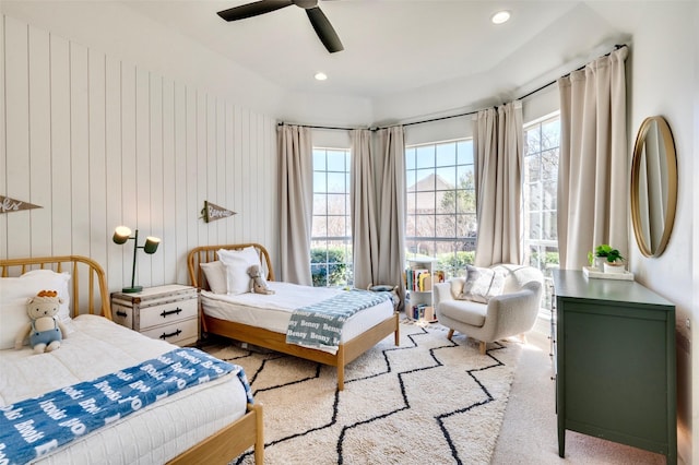 bedroom featuring recessed lighting, a ceiling fan, and carpet