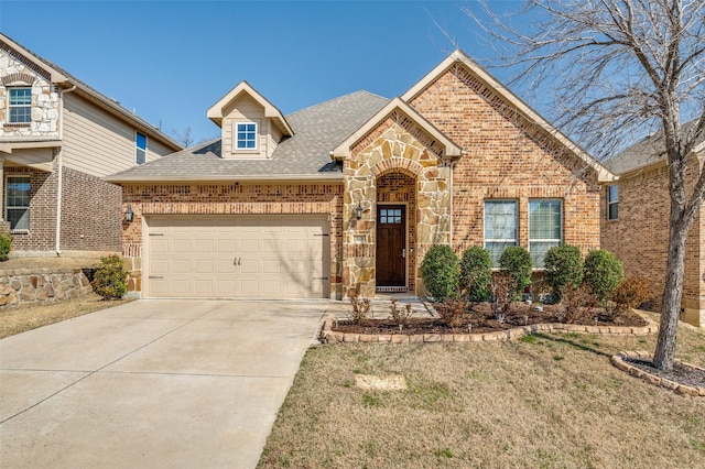 traditional-style home with brick siding, an attached garage, driveway, and a shingled roof