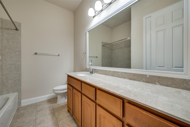 full bathroom with vanity, washtub / shower combination, baseboards, tile patterned flooring, and toilet