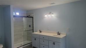 full bathroom featuring a sink, a stall shower, and double vanity