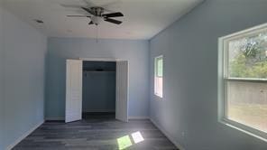 interior space featuring wood finished floors and ceiling fan