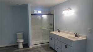 full bathroom featuring a sink, toilet, double vanity, and a tile shower