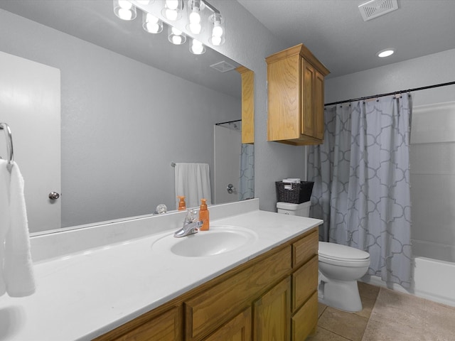 bathroom featuring vanity, visible vents, tile patterned flooring, shower / bath combination with curtain, and toilet