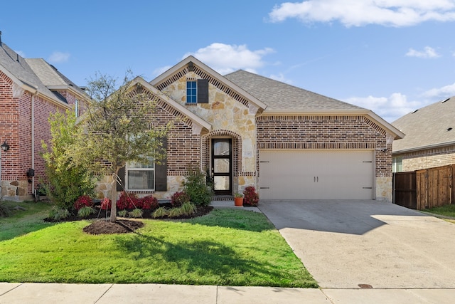 french provincial home featuring stone siding, concrete driveway, an attached garage, a front yard, and brick siding