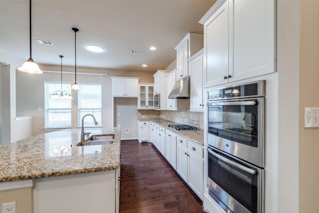 kitchen with visible vents, stainless steel appliances, under cabinet range hood, and a sink