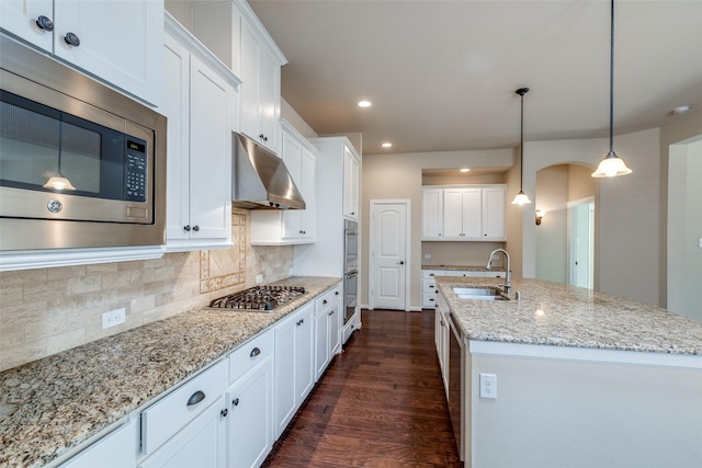 kitchen with a kitchen island with sink, dark wood-style flooring, a sink, stainless steel appliances, and under cabinet range hood