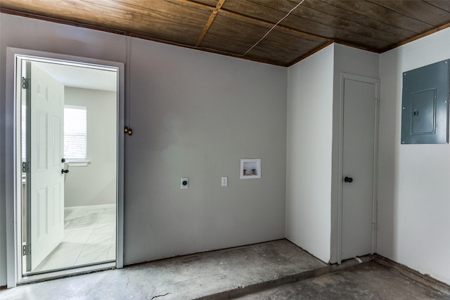 laundry area featuring laundry area, electric panel, electric dryer hookup, washer hookup, and wood ceiling