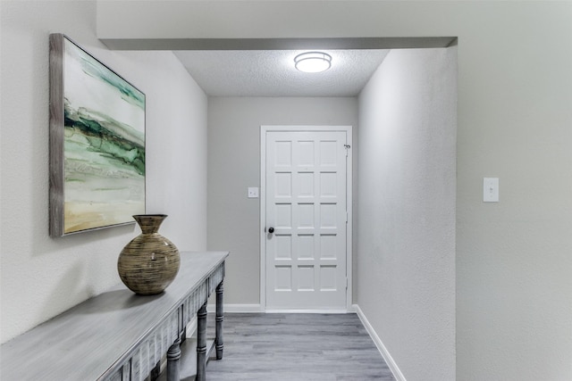 foyer entrance with a textured ceiling, baseboards, and wood finished floors