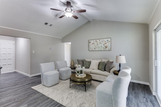 living area with visible vents, baseboards, vaulted ceiling with beams, and dark wood-style flooring