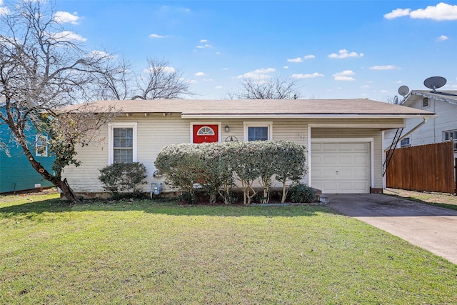 ranch-style home with an attached garage, driveway, a front lawn, and fence