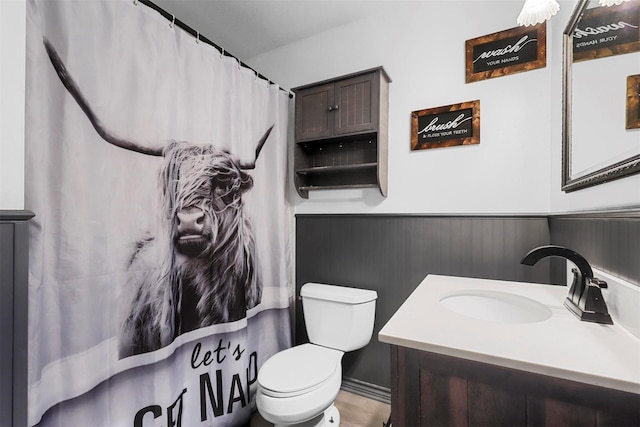 full bathroom with wainscoting, toilet, vanity, and a shower with curtain