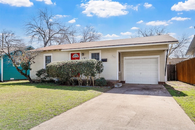 single story home featuring a garage, driveway, a front yard, and fence