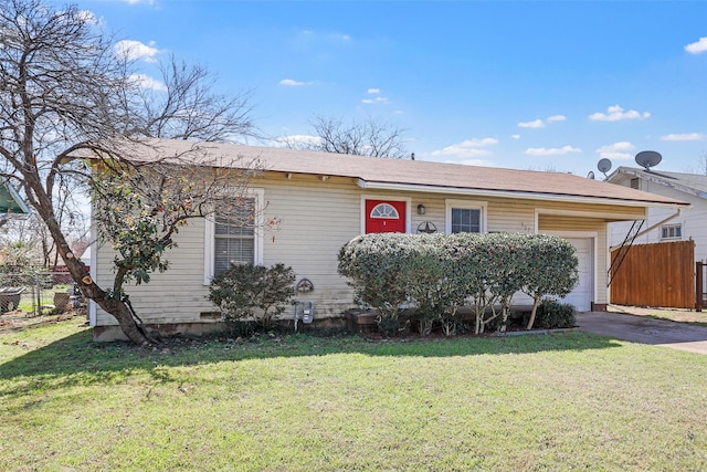 single story home featuring an attached garage, a front lawn, and fence