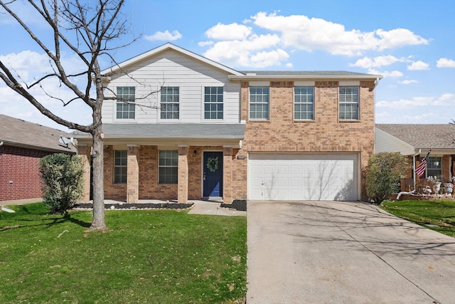 view of front facade with a front lawn, a garage, brick siding, and driveway