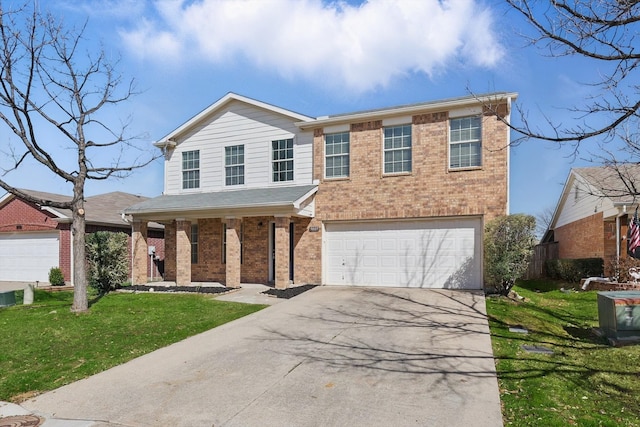 traditional-style house with a front yard, driveway, a porch, an attached garage, and brick siding