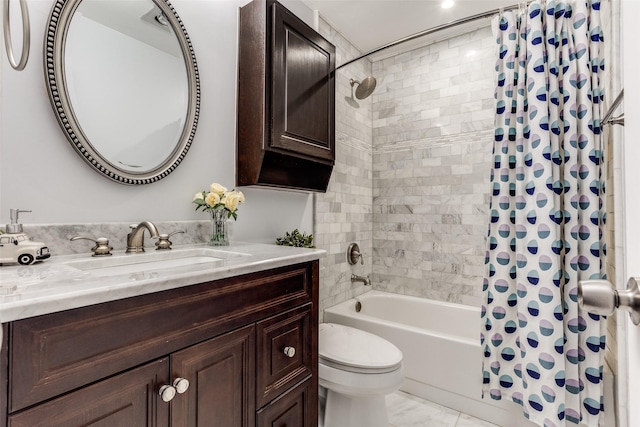 full bathroom with vanity, toilet, shower / bath combo with shower curtain, and marble finish floor