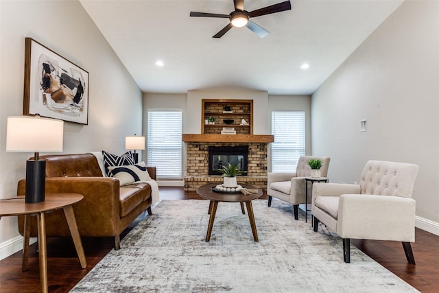 living room featuring recessed lighting, baseboards, ceiling fan, and wood finished floors