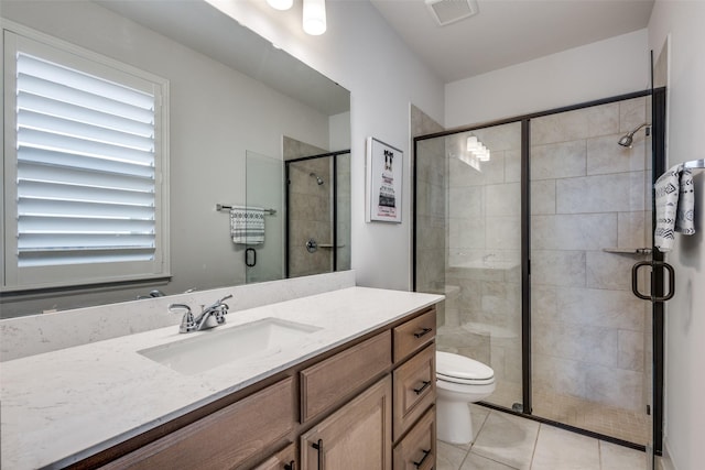 bathroom with tile patterned flooring, a shower stall, vanity, and visible vents