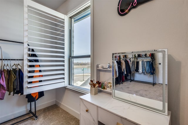 walk in closet with carpet floors