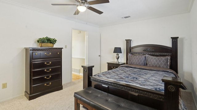 bedroom with carpet flooring, visible vents, and ornamental molding