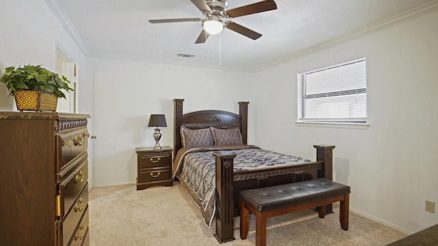 bedroom featuring light carpet, visible vents, crown molding, and baseboards