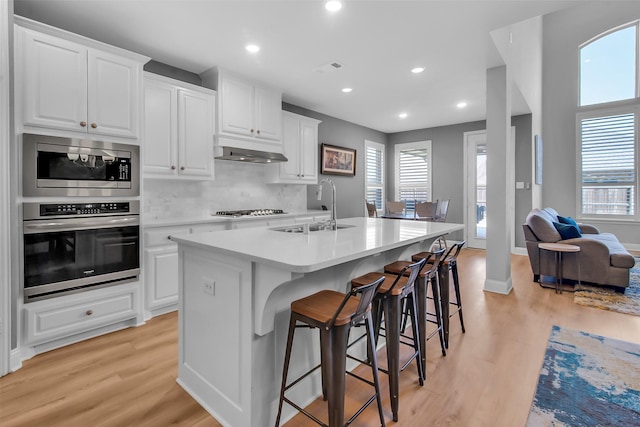 kitchen featuring under cabinet range hood, light wood finished floors, appliances with stainless steel finishes, and a sink