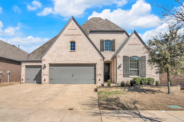 french country inspired facade featuring brick siding, driveway, and roof with shingles