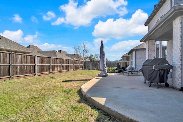 view of yard with a patio area and a fenced backyard