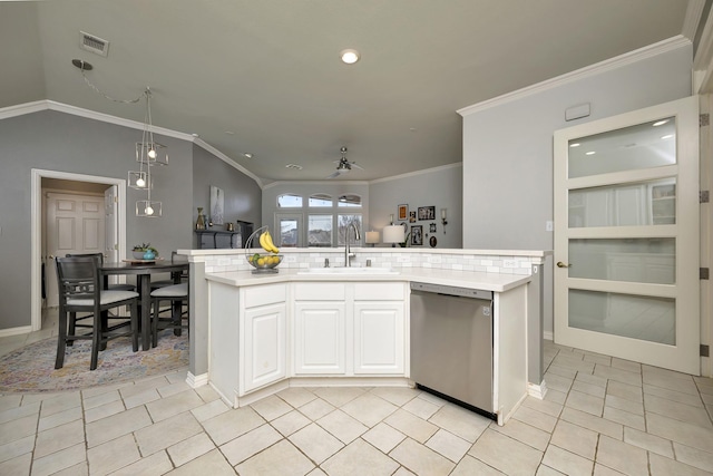 kitchen featuring ceiling fan, crown molding, stainless steel dishwasher, a sink, and light countertops