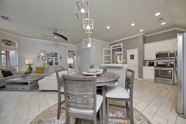 dining space with ceiling fan, visible vents, crown molding, light tile patterned floors, and recessed lighting
