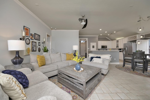 living room with crown molding, light tile patterned floors, vaulted ceiling, and recessed lighting