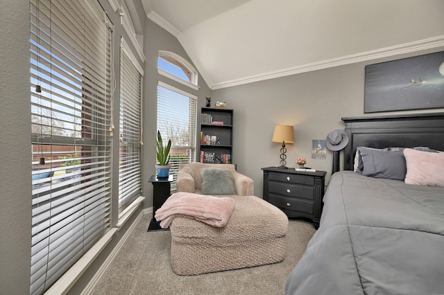 carpeted bedroom with crown molding, baseboards, vaulted ceiling, and access to exterior