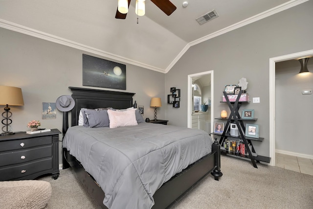 carpeted bedroom featuring crown molding, baseboards, visible vents, and lofted ceiling