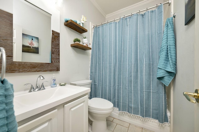 full bath featuring tile patterned flooring, ornamental molding, vanity, toilet, and shower / tub combo