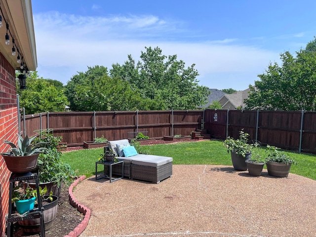 view of yard featuring a fenced backyard and a patio area